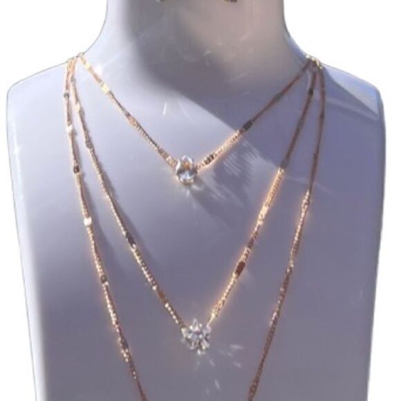 Jewelry set necklace and stud earrings layered rhinestones gold tone - Picture 6 of 9